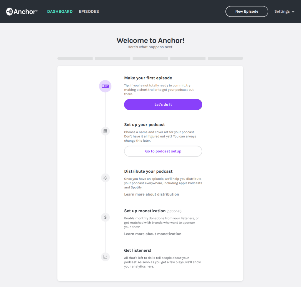 Anchor podcast welcome screen