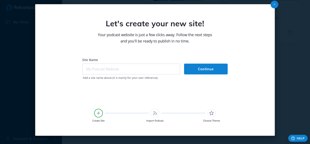 beamly onboarding to create a podcast website