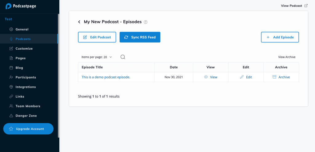 Podcast tab on Beamly.com dashboard.