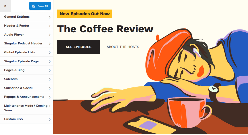 Using the customizer to edit a branded podcast website